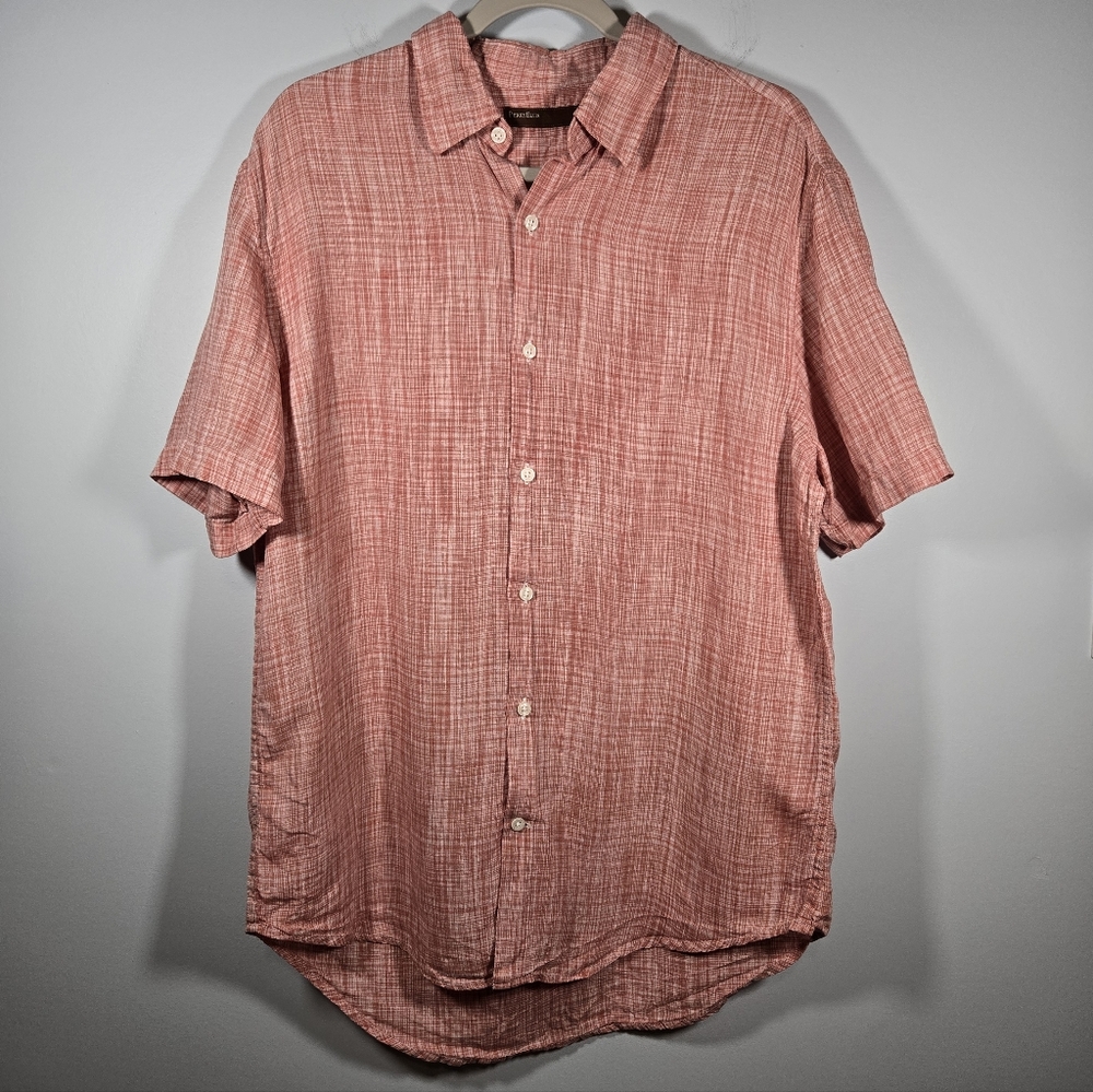 Perry Ellis Men’s 100% Linen Button Up Shirt Large Short Sleeve Casual‎